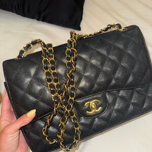CHANEL Black and Gold Quilted Shoulder Bag